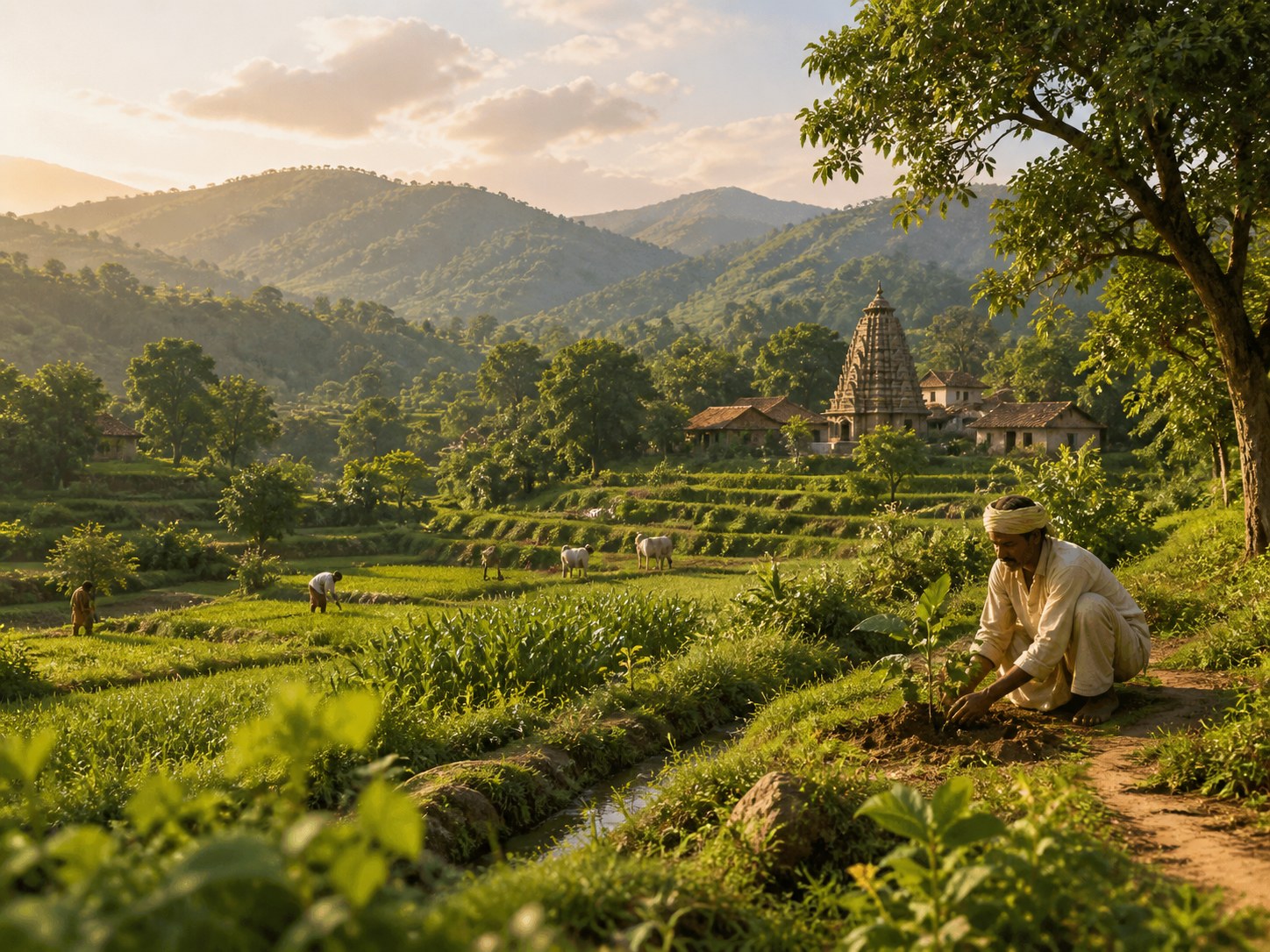Rural sustainable landscape with farming and temple