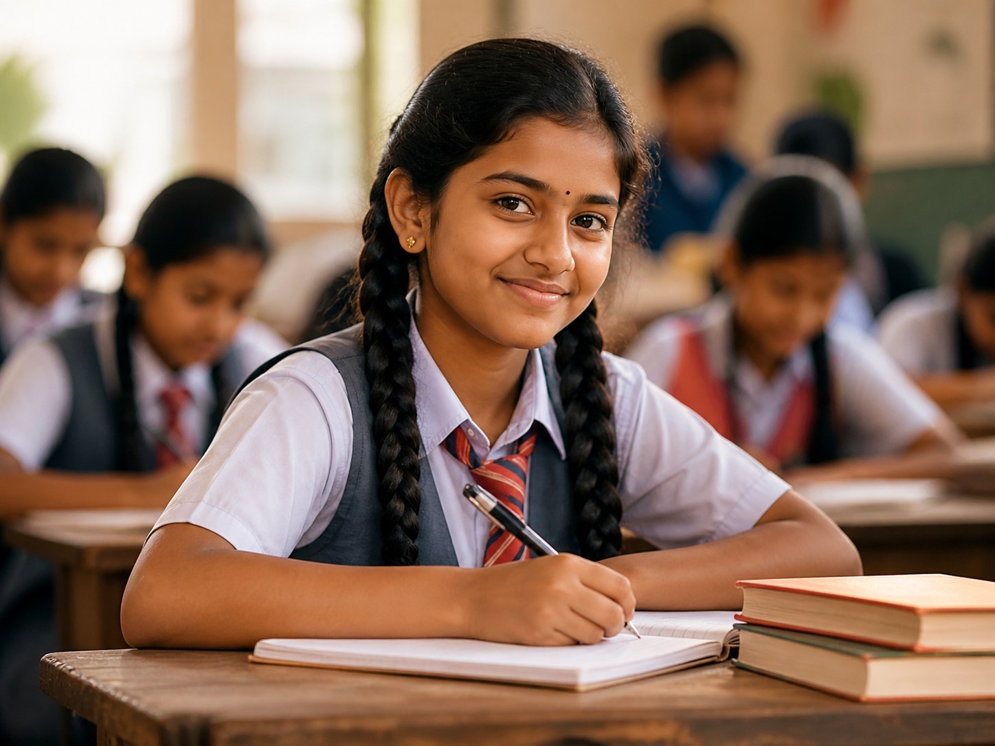 Young girl student in a warm classroom