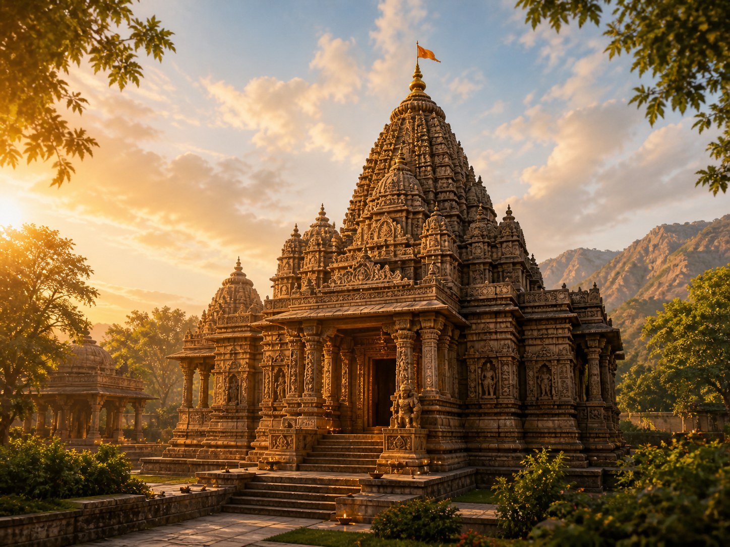 Ancient Hindu temple at golden hour
