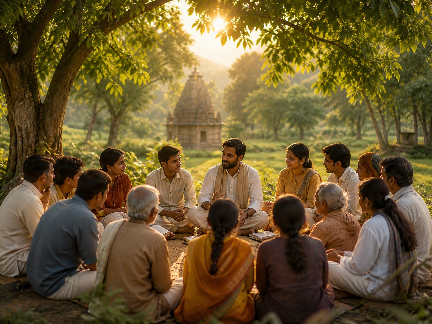 Community sitting in a circle under a tree