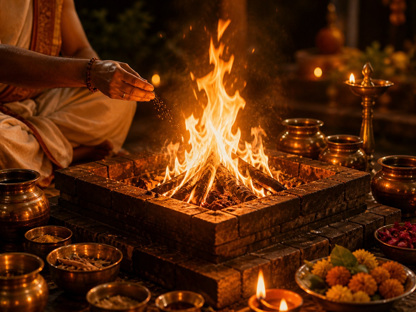 Sacred fire ritual with lamps and offerings